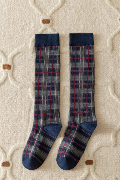 Women Fall Vintage Plaid Stretch Knee High Dress Socks
