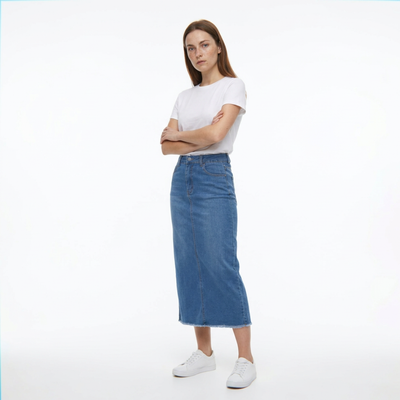 Women's High Waist A-Line Front Slit Denim Midi Skirt