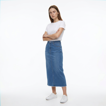 Women's High Waist A-Line Front Slit Denim Midi Skirt