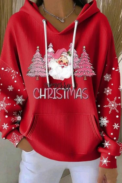 Women Fall Clothing Christmas Santa Ribbed Hoodie