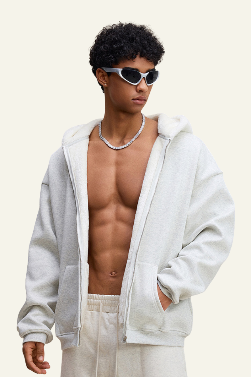Men's Streetwear Brand Fleece-Lined Hooded Jacket