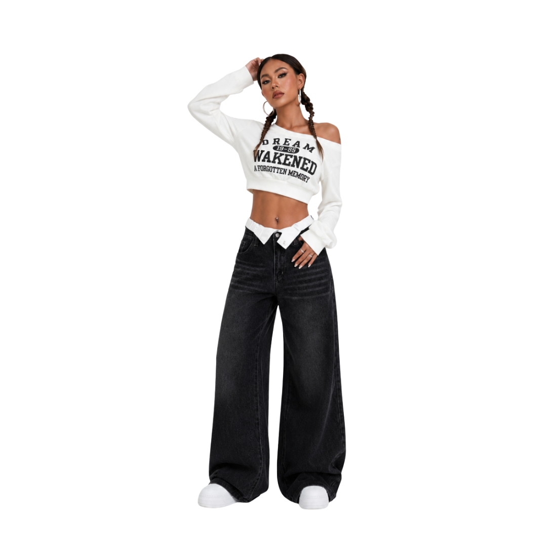 Women's double-waistband loose wide-leg jeans