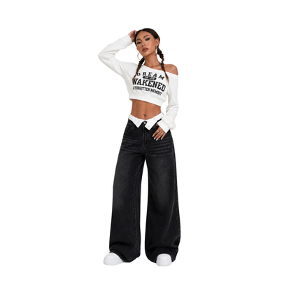 Women's double-waistband loose wide-leg jeans
