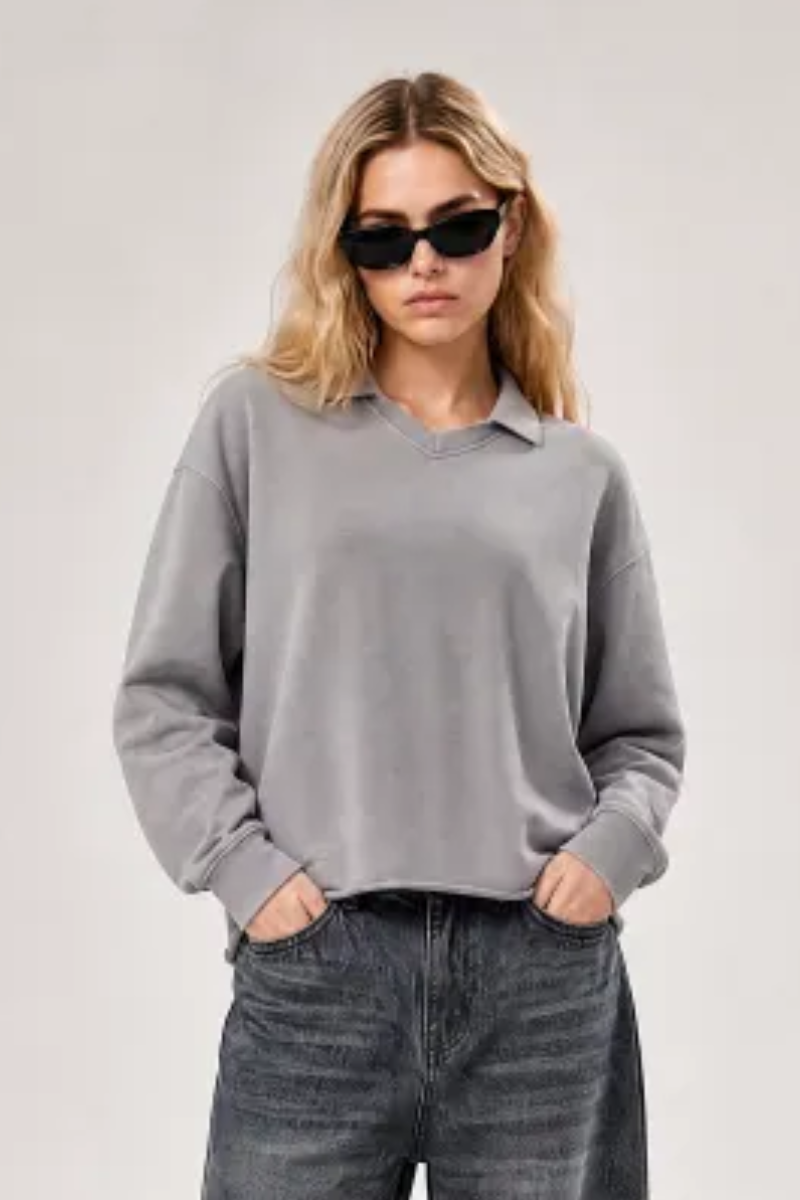 Women Fall Snow Wash Polo Collar Cropped Sweatshirt