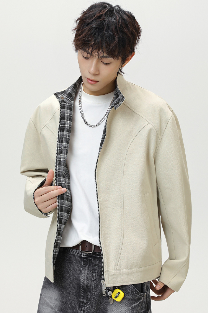 Men's Fall Plaid Harrington Patchwork Stand Collar Boxy
