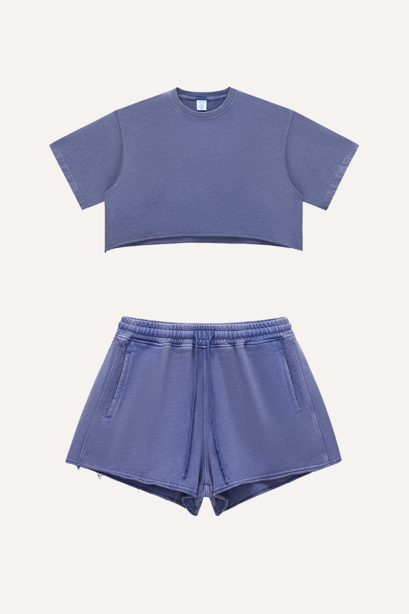 Women's Summer Washed Crop Boxy 280g Cotton Distressed Set