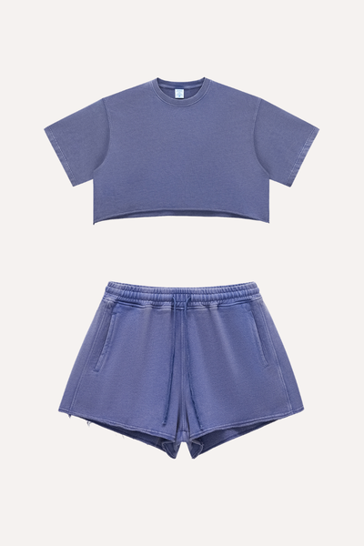 Women's Summer Washed Crop Boxy 280g Cotton Distressed Set