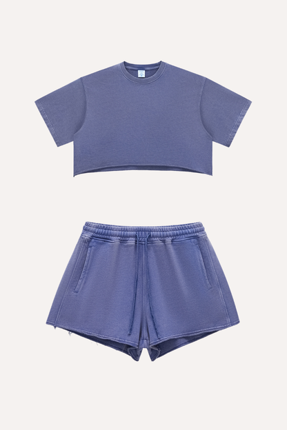 Women's Summer Washed Crop Boxy 280g Cotton Distressed Set