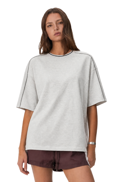 Womens Colorblock Topstitch Ribbed Cotton Drop Shoulder Tee