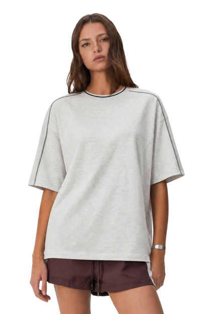 Womens Colorblock Topstitch Ribbed Cotton Drop Shoulder Tee