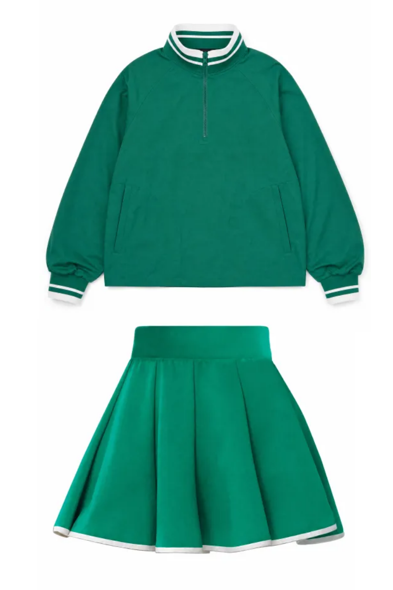 Women Spring Half Zip Cropped Tennis Skirt Activewear Set