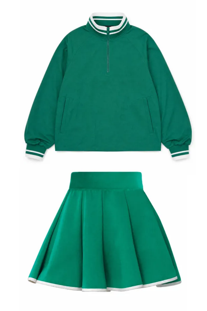 Women Spring Half Zip Cropped Tennis Skirt Activewear Set