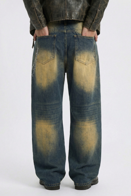 Men's Chain Rhinestone Washed Blue Yellow Fade Wide Jeans