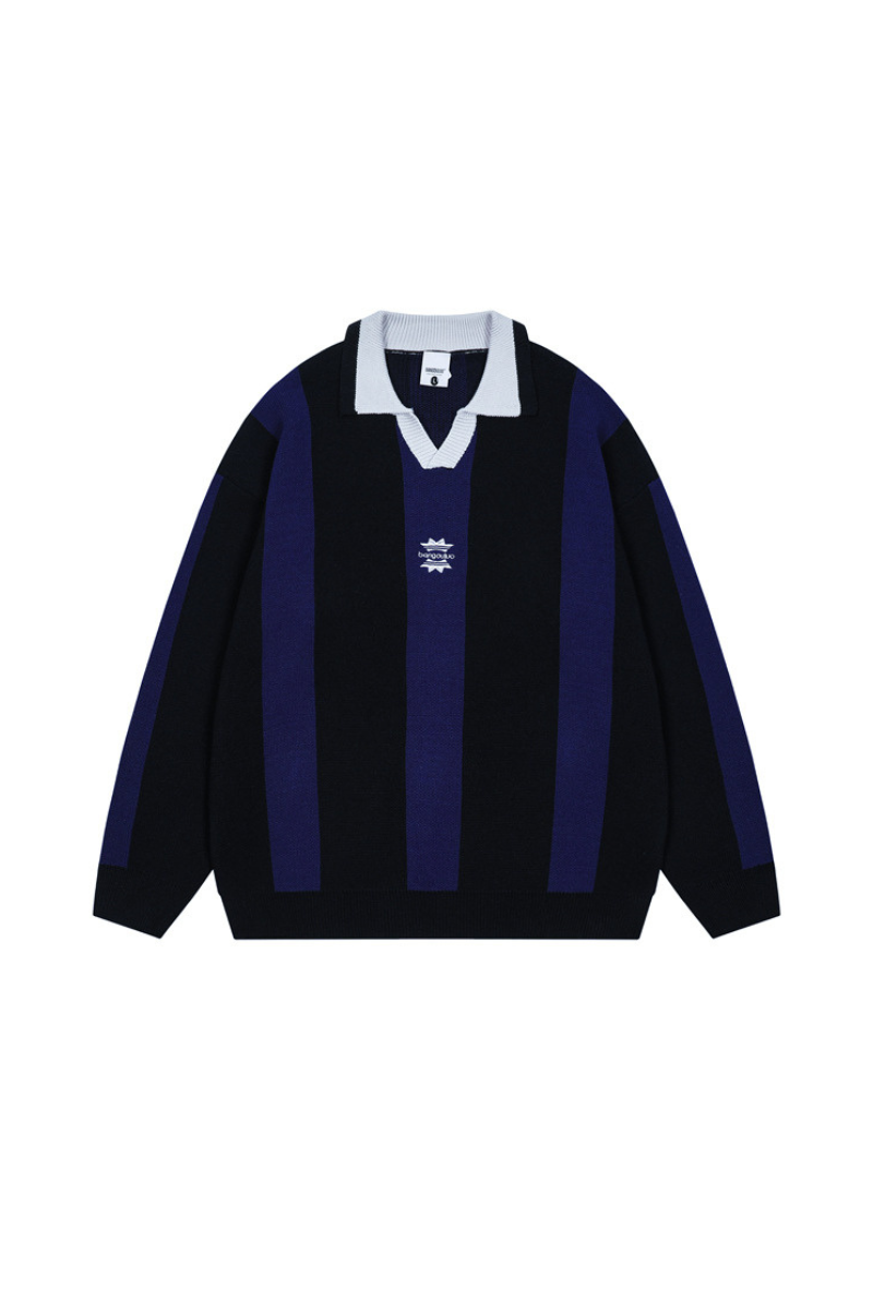 Men's Fall Vertical-Stripe Colorblock Polo Knit Sweater