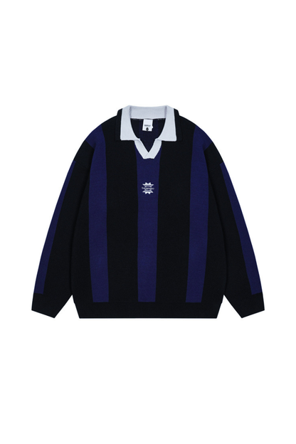 Men's Fall Vertical-Stripe Colorblock Polo Knit Sweater