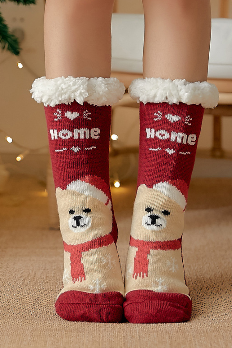 Women Winter Christmas Sherpa Lined Non Slip Slipper Socks