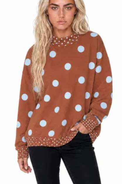 Women Fall Polka Dot Mock Neck Drop Shoulder Sweatshirt
