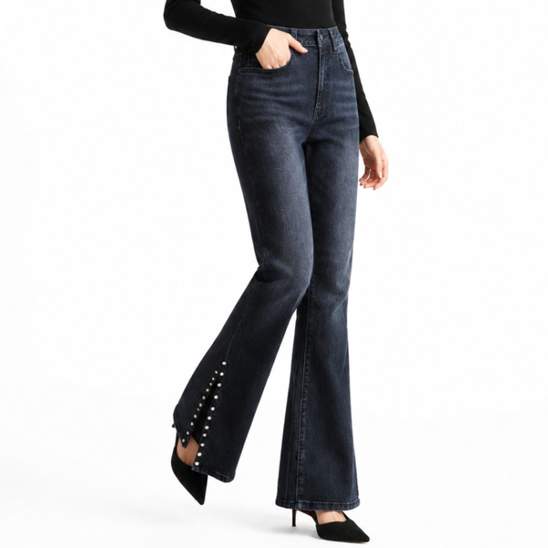 Women's High Waist Flare Jeans with Side Pearl Details