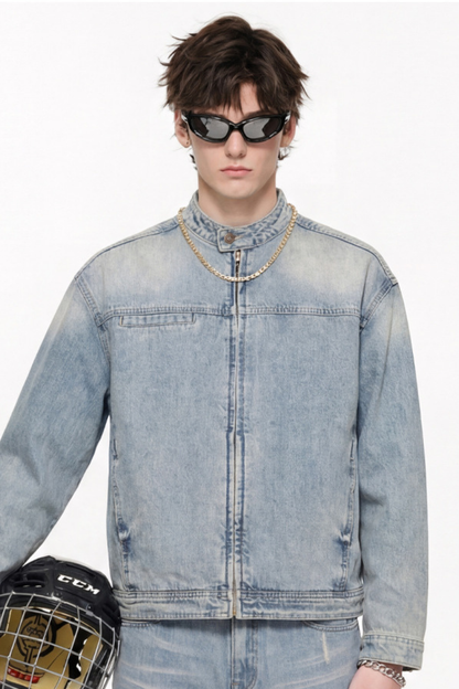Men's 385g Washed Patchwork Denim StandCollar Zip Jacket