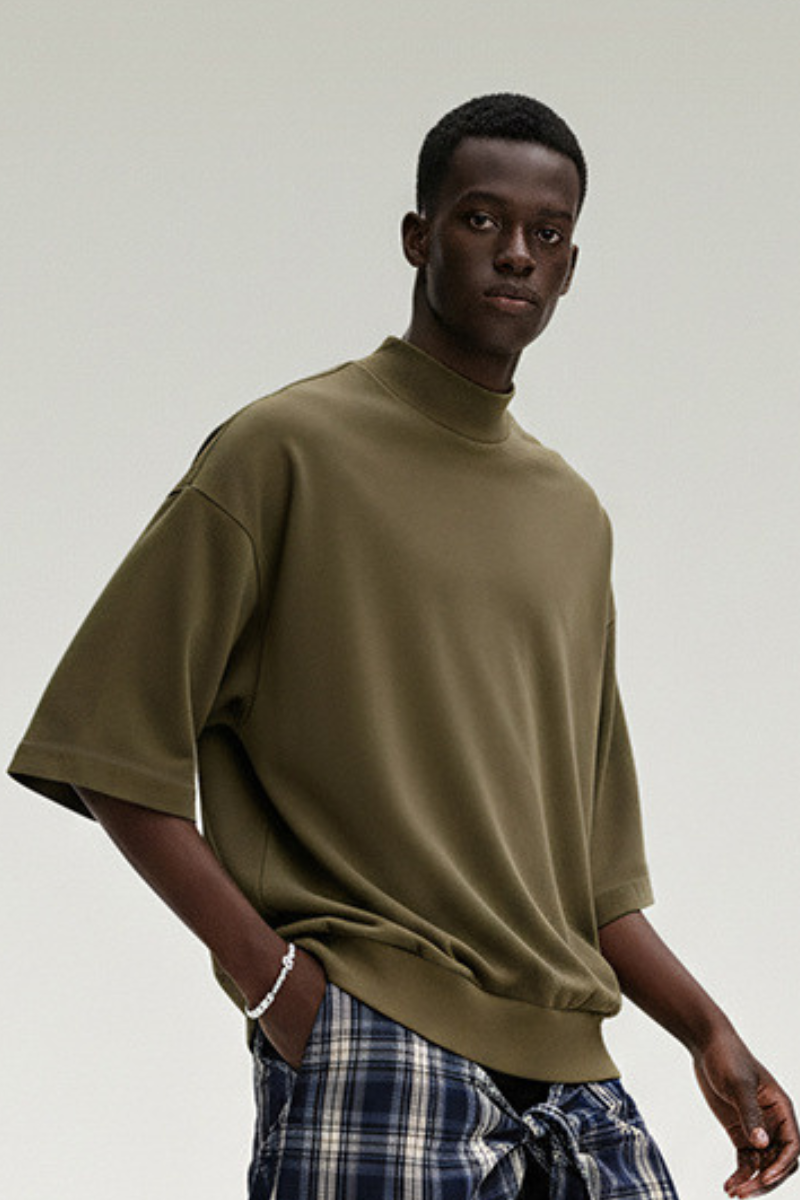 Men's Summer Mock Neck 305g Cotton Boxy Dolman Ribbed Tee