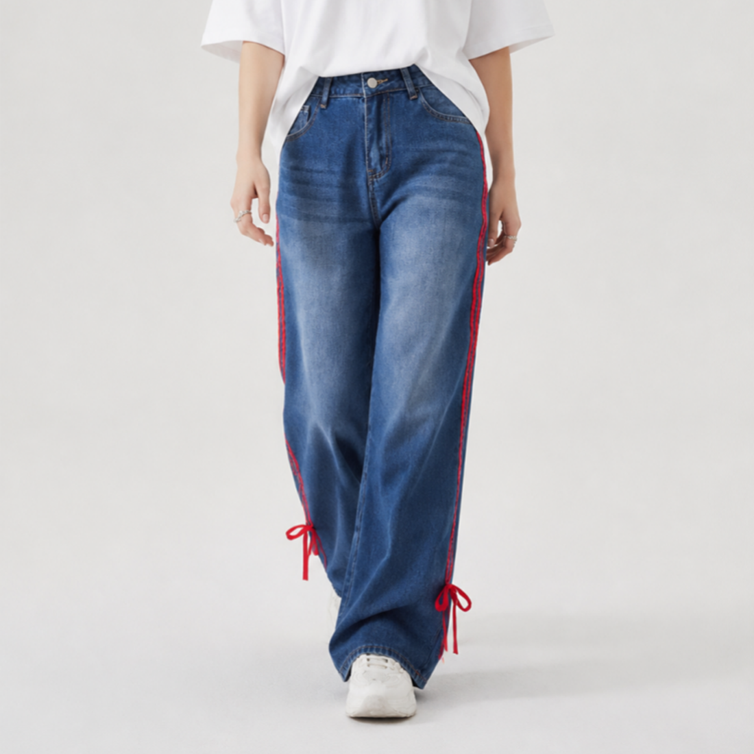 Women's High Waist Wide Leg Jeans with Red Side Stripe