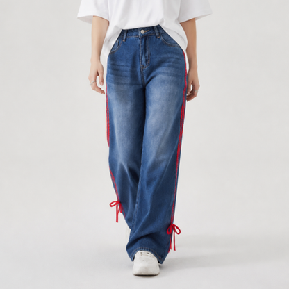 Women's High Waist Wide Leg Jeans with Red Side Stripe
