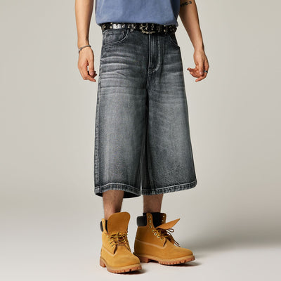 Men's Summer Gradient Cat Whisker Wide-Leg Denim Shorts