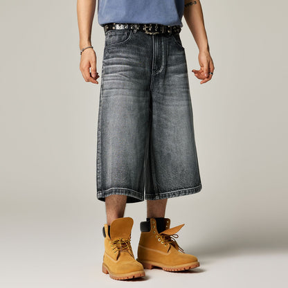 Men's Summer Gradient Cat Whisker Wide-Leg Denim Shorts