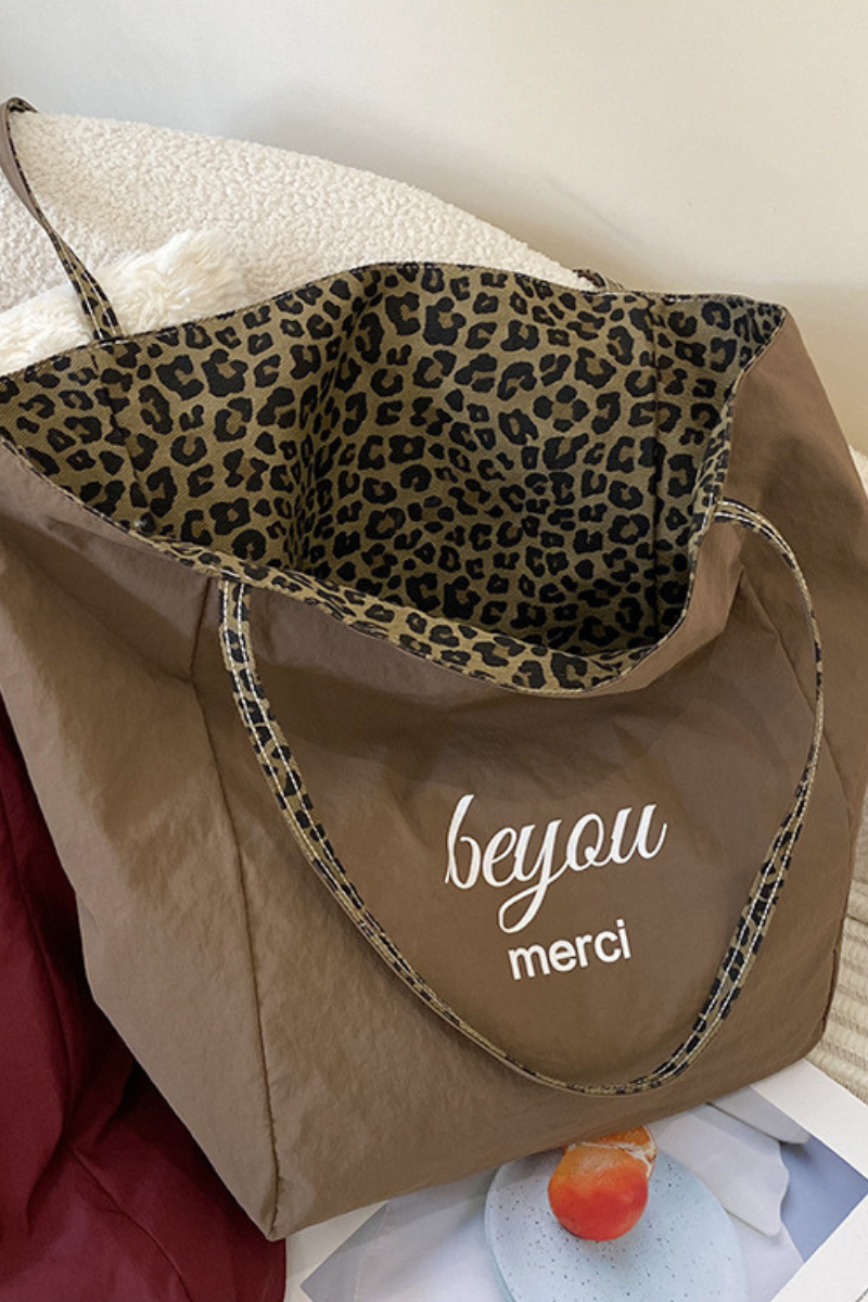 Women Fall Reversible Leopard Plaid Large Capacity Tote Bag
