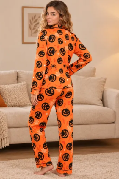 Women Fall Clothing Halloween Pumpkin Web Pajama Set