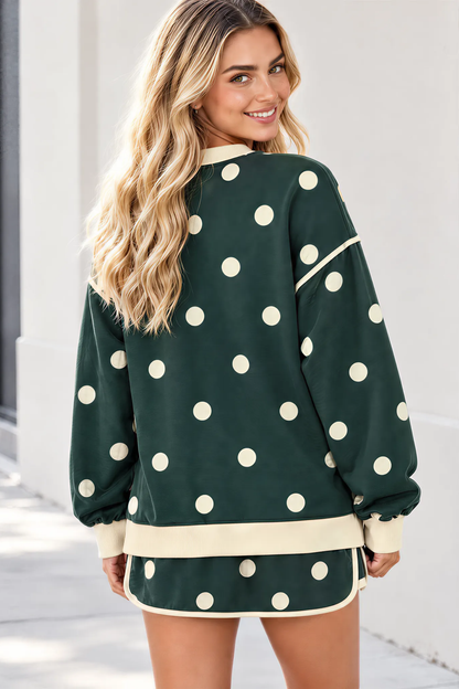 Women Spring Polka Dot Mock Neck Curved Hem Skirt Set