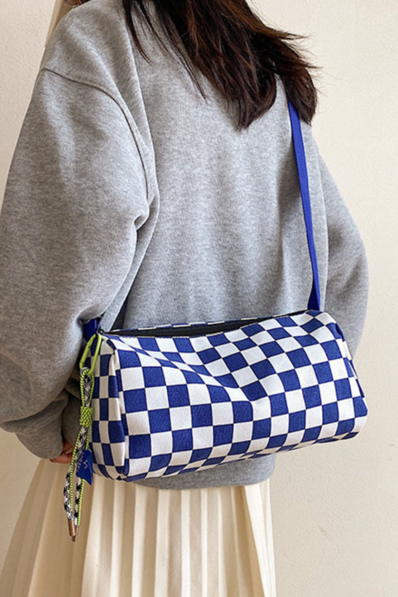 Women Fall Checkered Canvas Cylinder Crossbody Bag