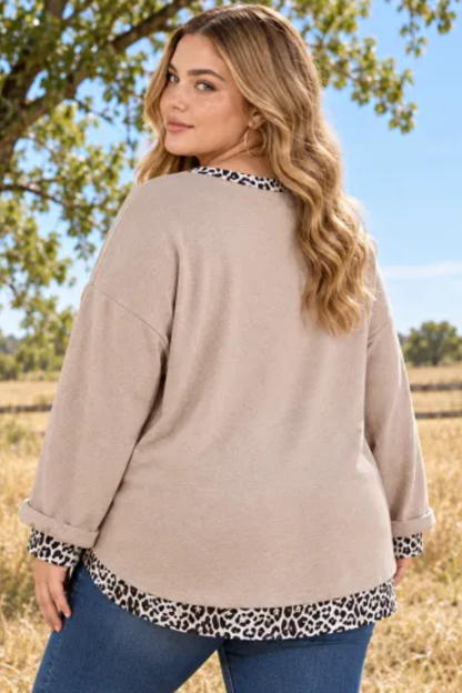 Women Fall Clothing Plus Size Leopard Trim V Neck Top
