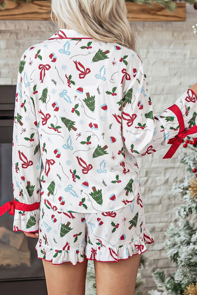 Women's Christmas Collared Bow Tie Two Piece Set