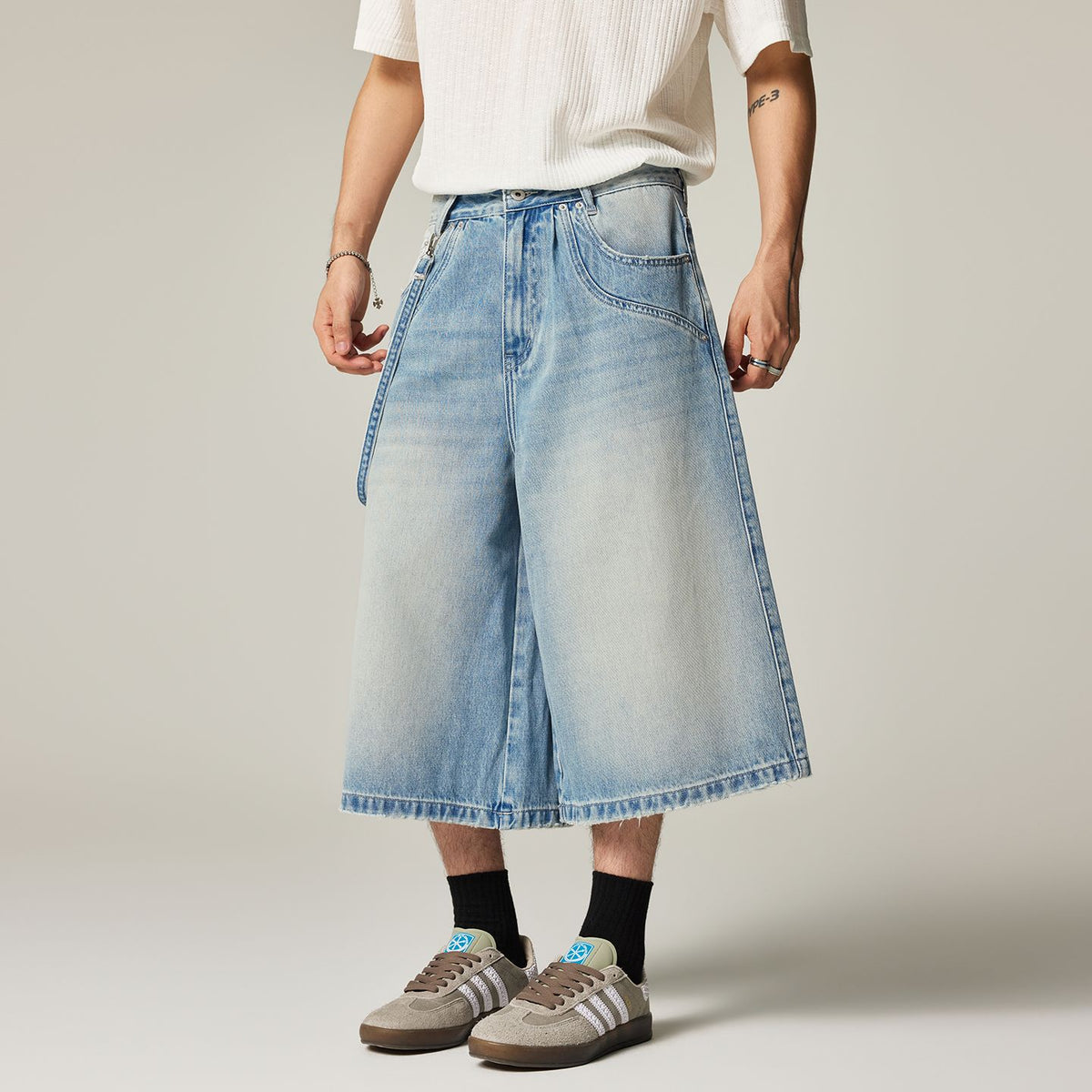 Men's Summer Washed Strap Wide-Leg Denim Shorts