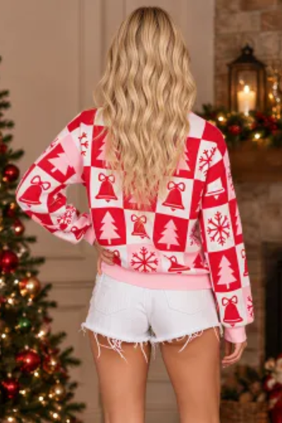 Women's Christmas Plaid Crew Neck Long Sleeve Pullover Sweater