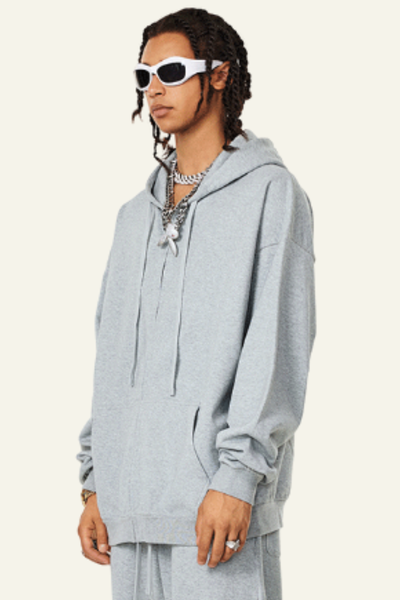 Pure color terry cloth hooded zip-up sweatshirt.
