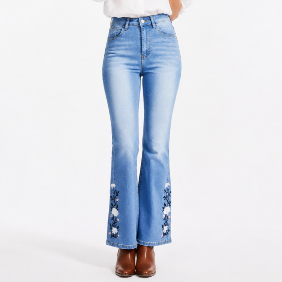 Women's High Waist Floral Embroidered Flare Jeans