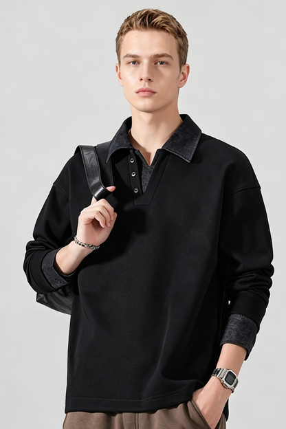 Men's Fall Winter Fleece-Lined Denim-Collar Polo Sweatshirt