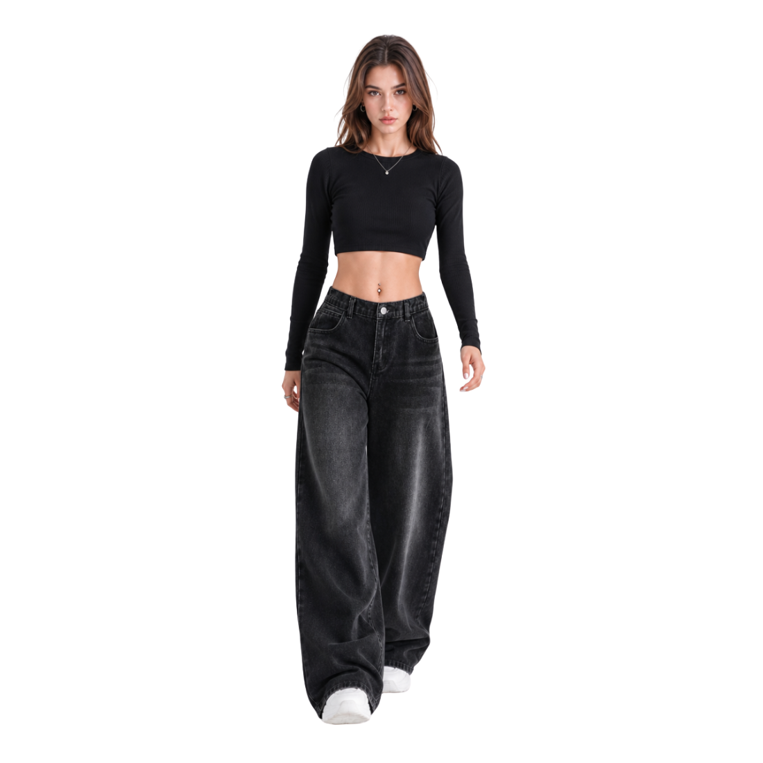 Women's high-rise wide-leg jeans with a half-elastic waist