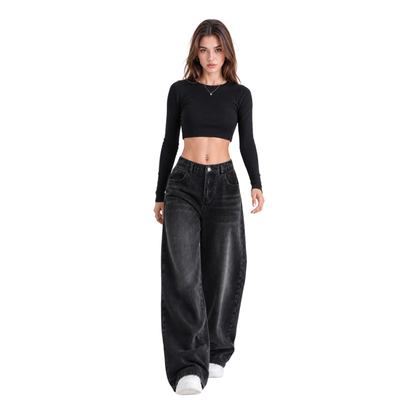 Women's high-rise wide-leg jeans with a half-elastic waist