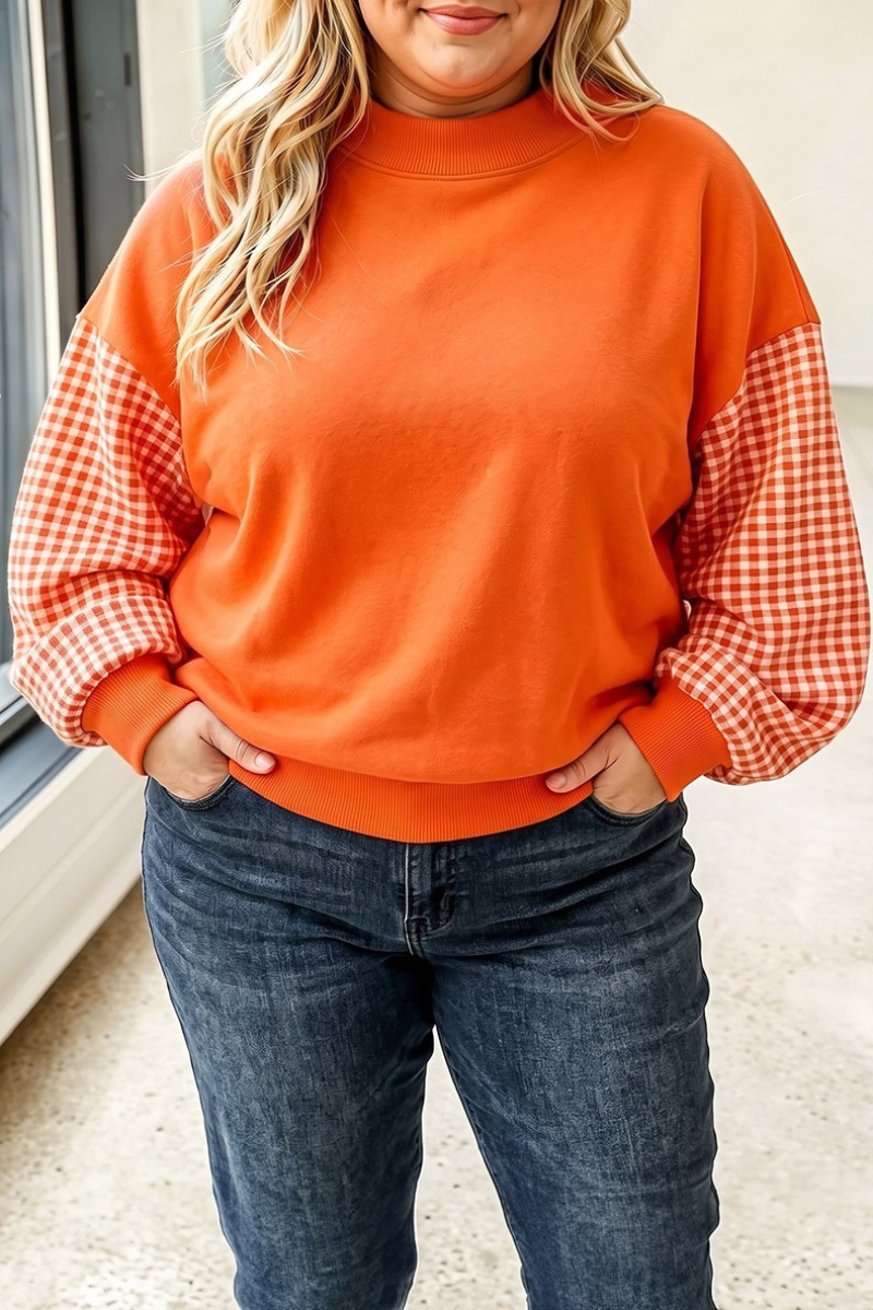 Women Spring Plus Size Gingham Sleeve Mock Neck Sweatshirt
