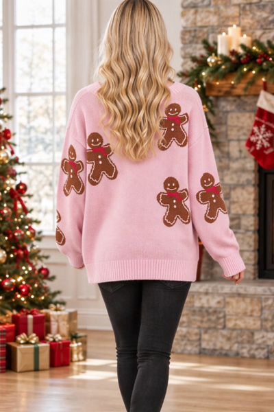 Women's Fall Christmas Gingerbread Print Crew Knit Sweater