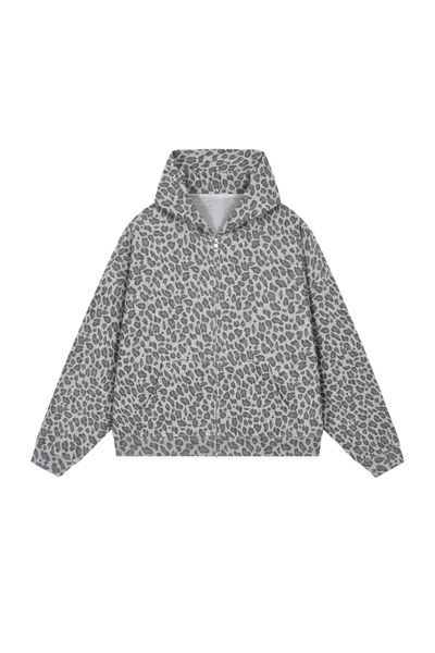 Unisex Fall Winter Leopard-Print Zip-Up Hooded Jacket