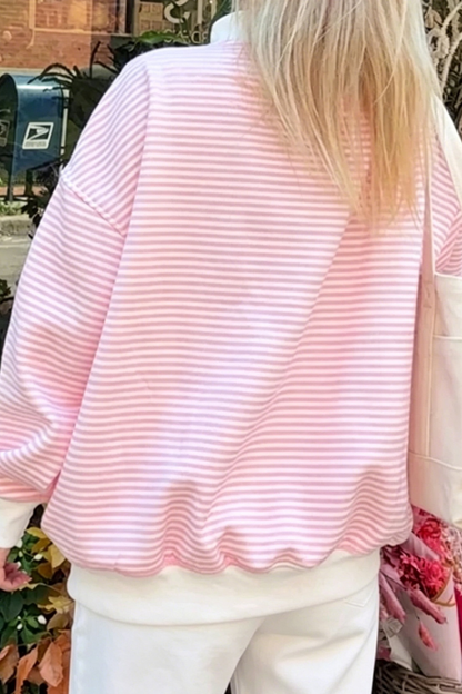 Women Spring Striped Mock Neck Oversized Cotton Sweatshirt