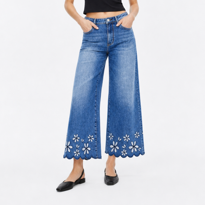 Women's High Waist Floral Embroidered Wide Leg Jeans