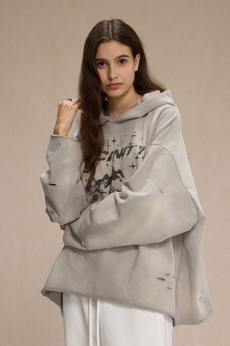Women's Streetwear Distressed Frayed-Edged Vintage Hoodie