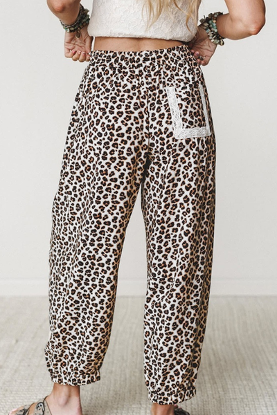Women Spring Summer Leopard Print Lace Trim Jogger Pants
