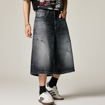 Men's Summer Gradient Cat Whisker Distressed Denim Shorts