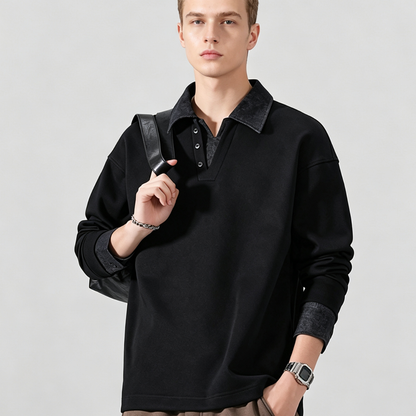 Men's Spring Denim-Collar Half-Button Loose Polo Sweatshirt